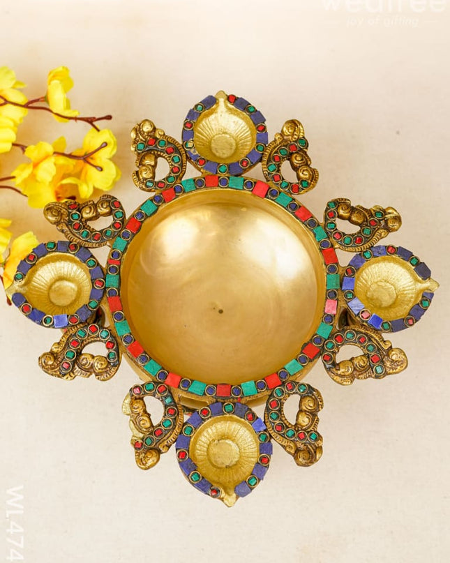 Brass Urli With Diya And Bells - Stonework Wl4745