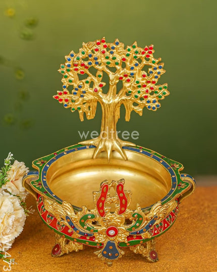 Brass Urli With Kalpavrisha Tree - 13 Inch Wl4737