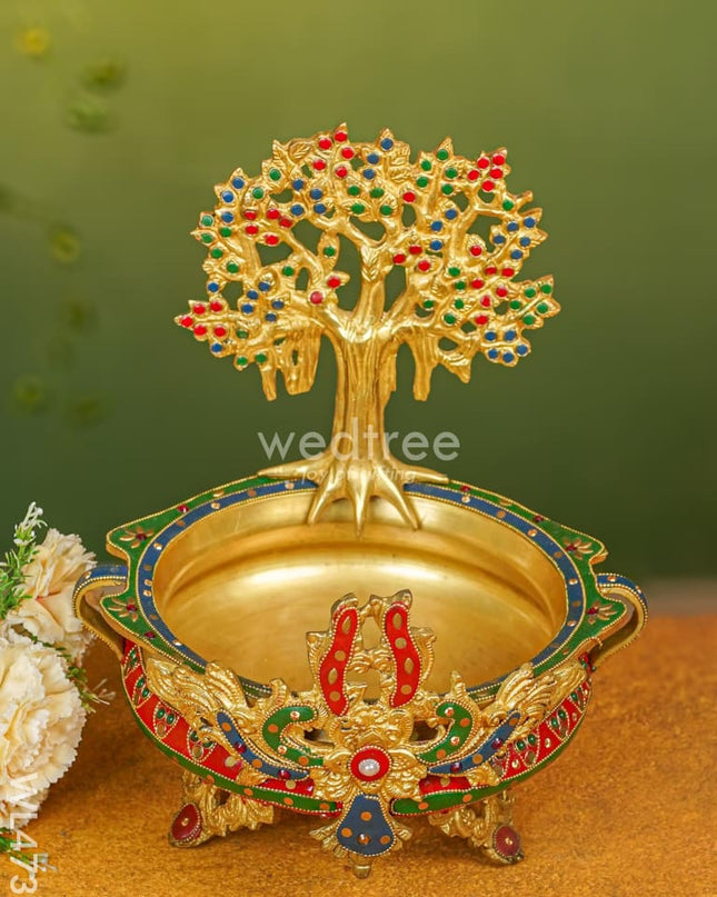 Brass Urli With Kalpavrisha Tree - 13 Inch Wl4737