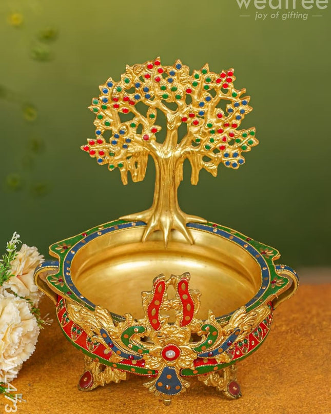 Brass Urli With Kalpavrisha Tree - 13 Inch Wl4737