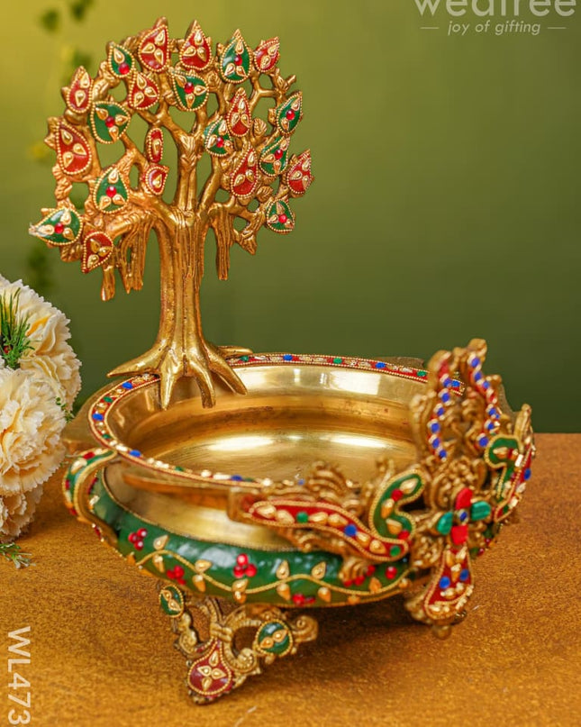 Brass Urli With Kalpavrisha Tree - 13 Inch Wl4738