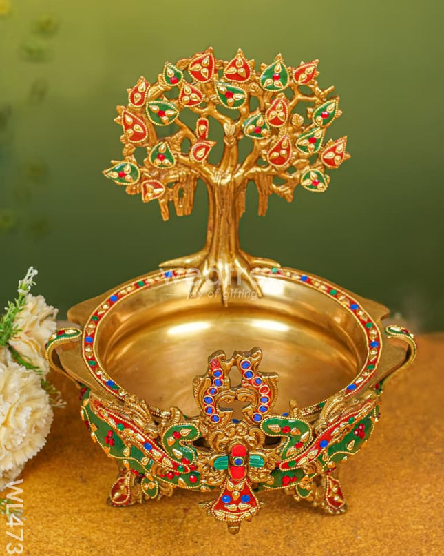 Brass Urli With Kalpavrisha Tree - 13 Inch Wl4738