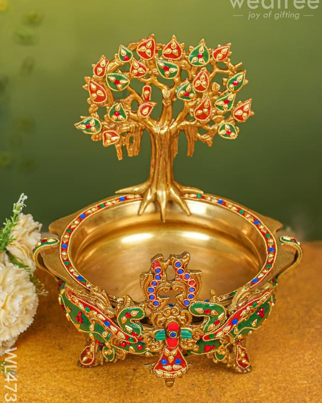 Brass Urli With Kalpavrisha Tree - 13 Inch Wl4738