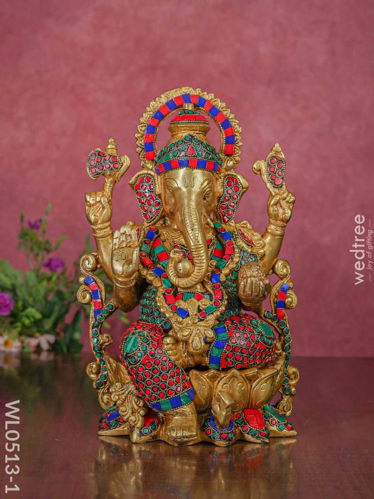 Brass Valampuri Ganesh Idol - Wl0513 Multicolour Stone Work Figurines