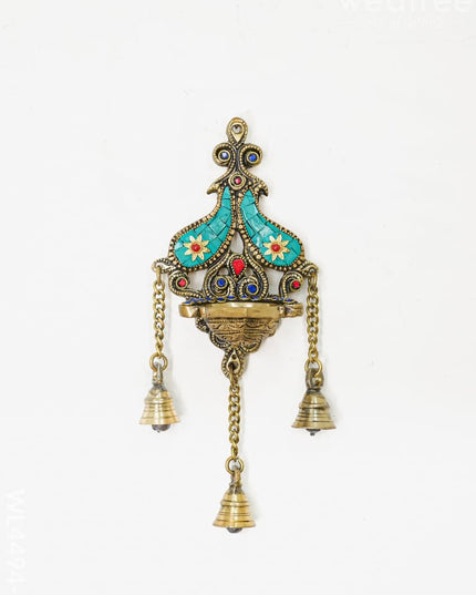 Brass Wall Hanging Diya with Stone Work - Green - WL4494-1 - Brass Wall Hanging