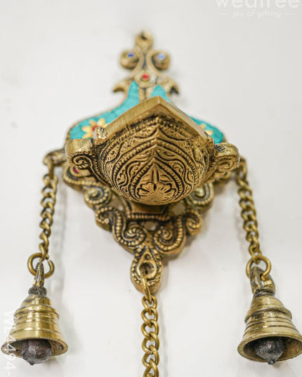 Brass Wall Hanging Diya with Stone Work - Green - WL4494-1 - Brass Wall Hanging