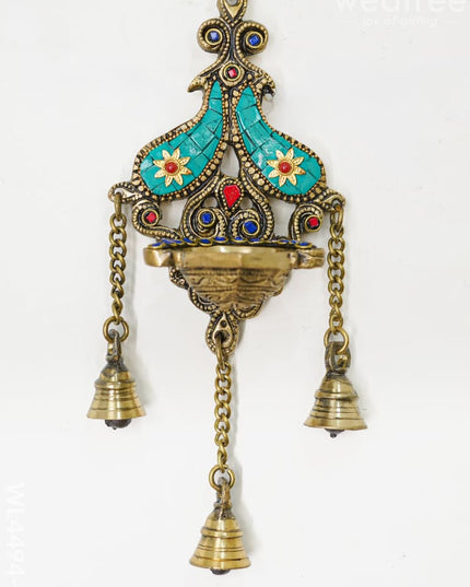 Brass Wall Hanging Diya with Stone Work - Green - WL4494-1 - Brass Wall Hanging