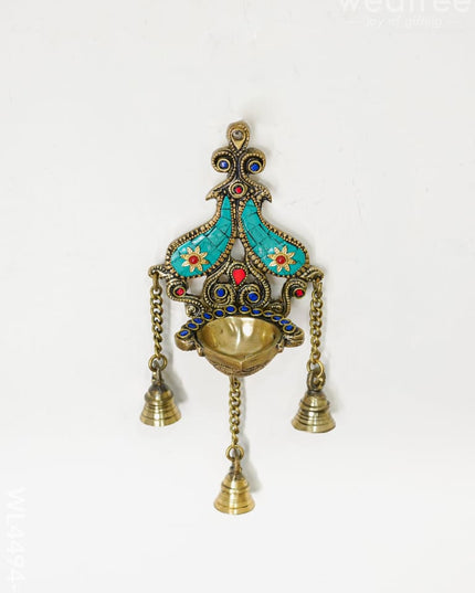 Brass Wall Hanging Diya with Stone Work - Green - WL4494-1 - Brass Wall Hanging