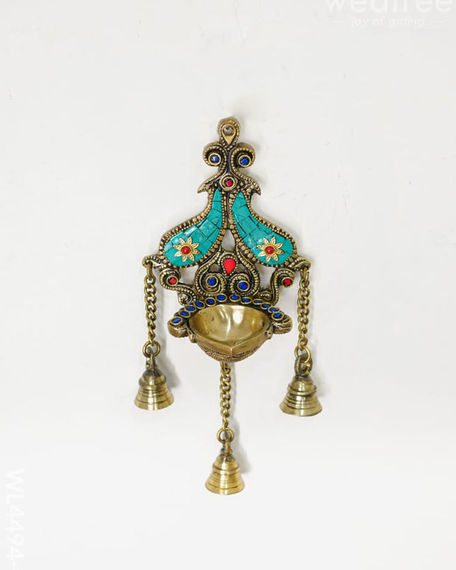 Brass Wall Hanging Diya with Stone Work - Green - WL4494-1 - Brass Wall Hanging