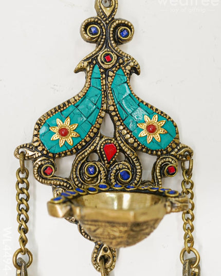 Brass Wall Hanging Diya with Stone Work - Green - WL4494-1 - Brass Wall Hanging