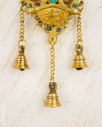 Brass Wall Hanging Diya with Stone Work - Red - WL4494-2 - Brass Wall Hanging
