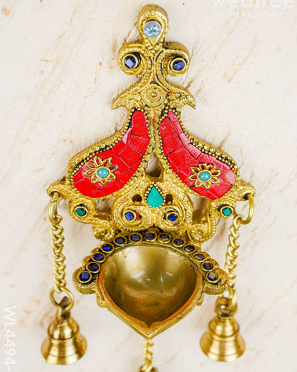 Brass Wall Hanging Diya with Stone Work - Red - WL4494-2 - Brass Wall Hanging
