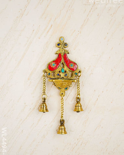 Brass Wall Hanging Diya with Stone Work - Red - WL4494-2 - Brass Wall Hanging
