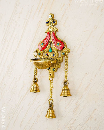 Brass Wall Hanging Diya with Stone Work - Red - WL4494-2 - Brass Wall Hanging