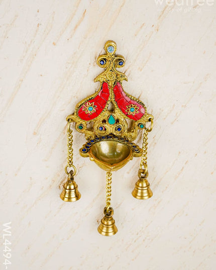 Brass Wall Hanging Diya with Stone Work - Red - WL4494-2 - Brass Wall Hanging