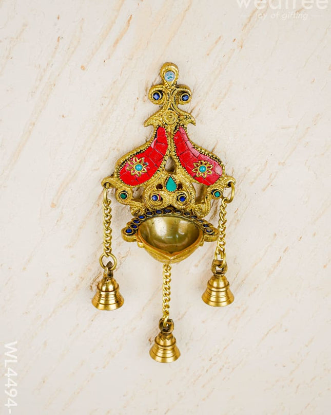 Brass Wall Hanging Diya with Stone Work - Red - WL4494-2 - Brass Wall Hanging