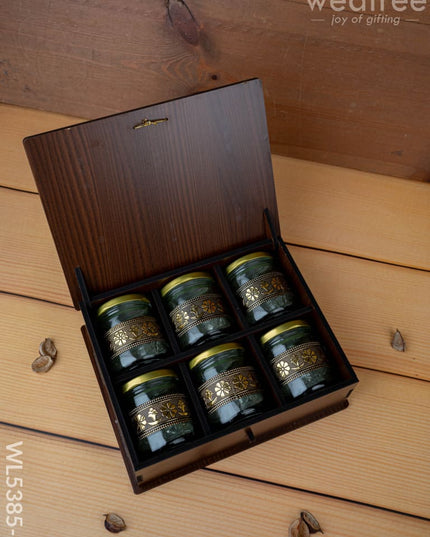 Brown Dry Fruit Box with 6 Glass Jar - Annapakshi Design - 9x7 inch - WL5385-2 - Dry Fruit Box