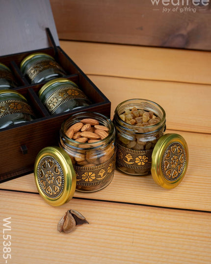 Brown Dry Fruit Box with 6 Glass Jar - Annapakshi Design - 9x7 inch - WL5385-2 - Dry Fruit Box