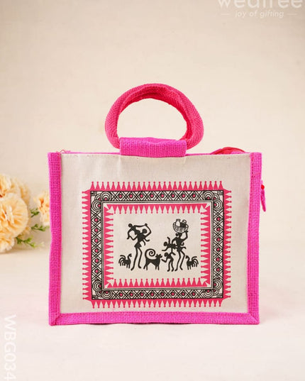 Canvas and Jute Bag with Warli Print - WBG0344 - Jute Bags