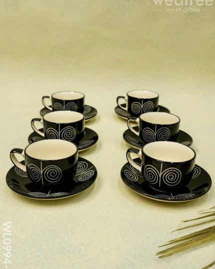 Ceramic Cup And Saucer Set - Black With Whirl Design Wl0994-3 Ceramics
