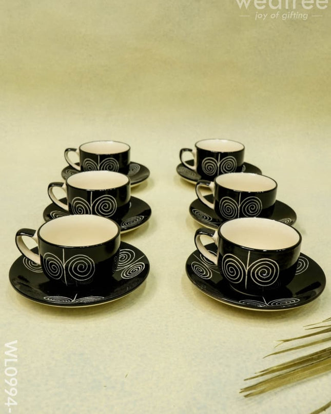 Ceramic Cup And Saucer Set - Black With Whirl Design Wl0994-3 Ceramics