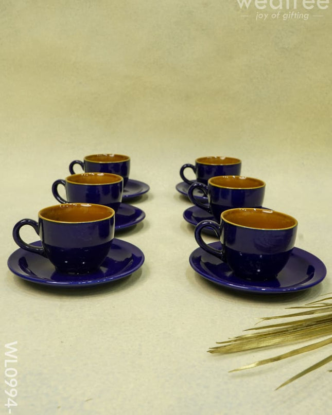 Ceramic Cup And Saucer Set - Blue With Brown Design Wl0994-5 Ceramics