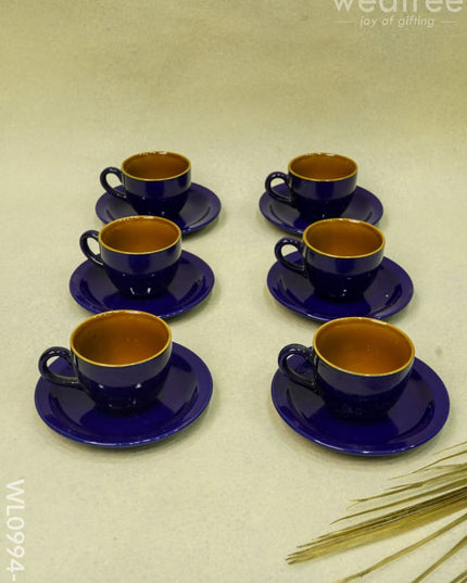 Ceramic Cup And Saucer Set - Blue With Brown Design Wl0994-5 Ceramics