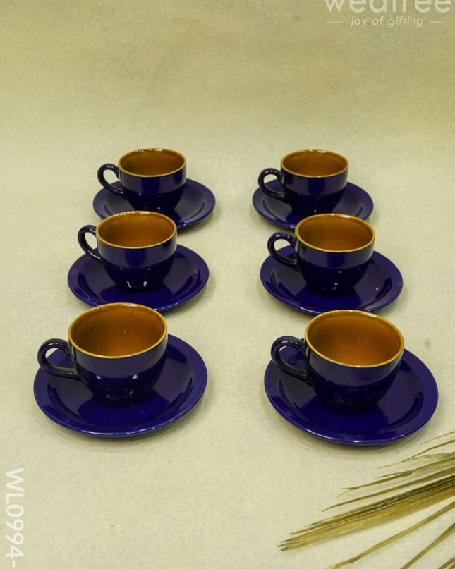 Ceramic Cup And Saucer Set - Blue With Brown Design Wl0994-5 Ceramics