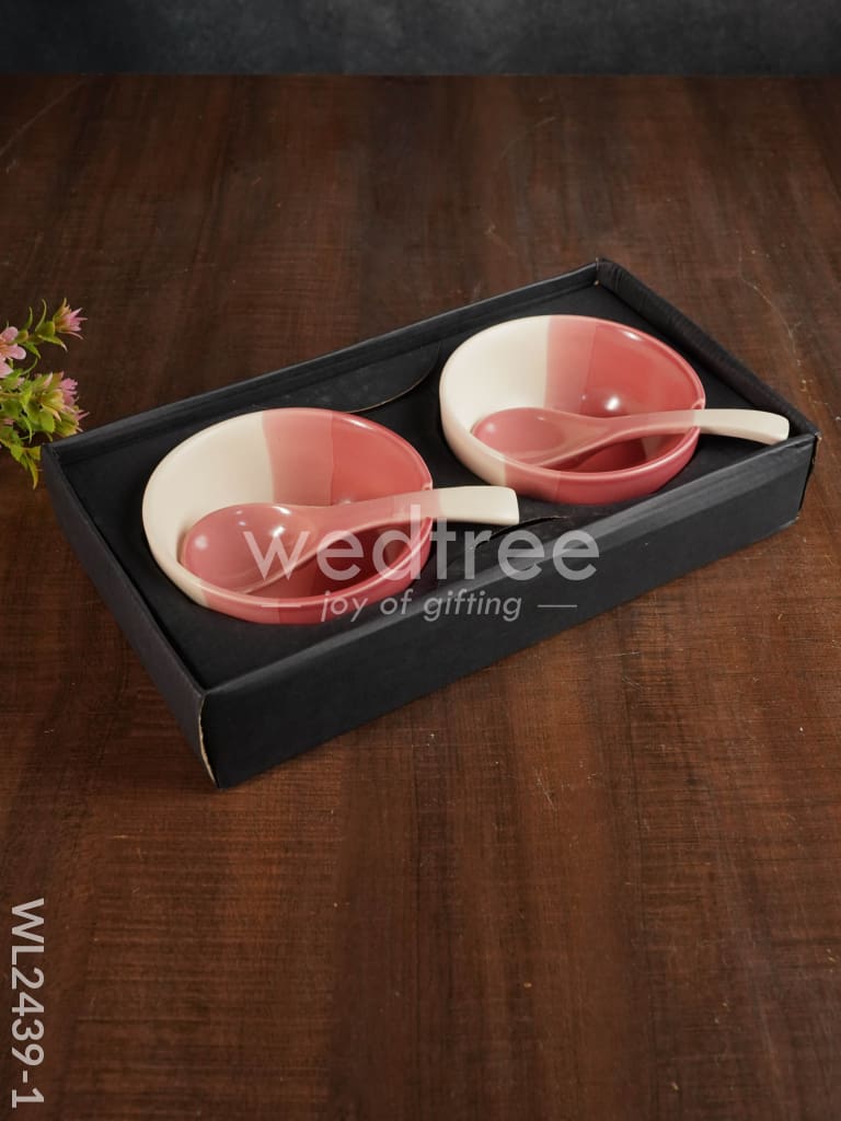 Ceramics Bowl With Spoon Set - Wl2439 Pink