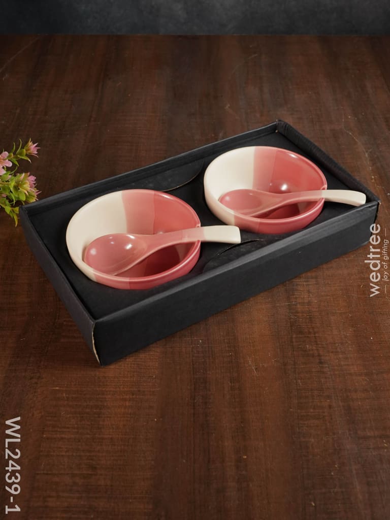 Ceramics Bowl With Spoon Set - Wl2439 Pink