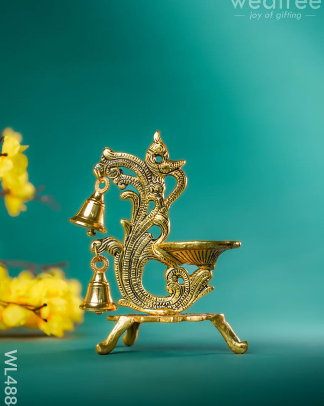 White Metal Chowki with Diya & Hanging Bells - Gold - WL4884 White Metal