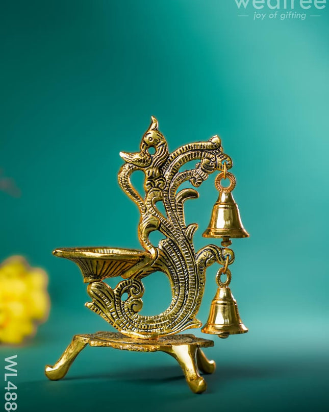 White Metal Chowki with Diya & Hanging Bells - Gold - WL4884 White Metal