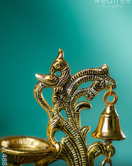 White Metal Chowki with Diya & Hanging Bells - Gold - WL4884 White Metal