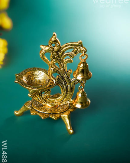 White Metal Chowki with Diya & Hanging Bells - Gold - WL4884 White Metal