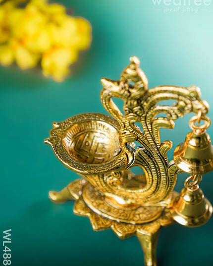 White Metal Chowki with Diya & Hanging Bells - Gold - WL4884 White Metal