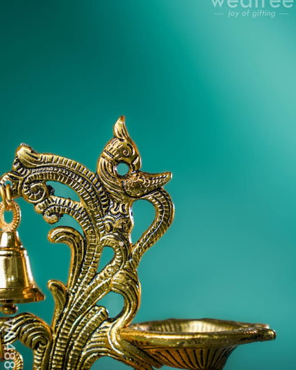 White Metal Chowki with Diya & Hanging Bells - Gold - WL4884 White Metal