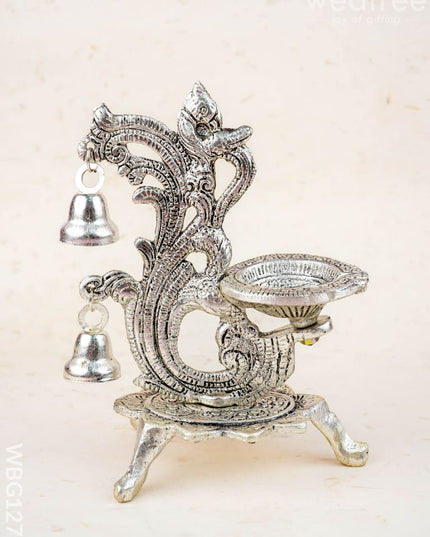 Chowki with Diya & Hanging Bells - WBG1276 - White Metal
