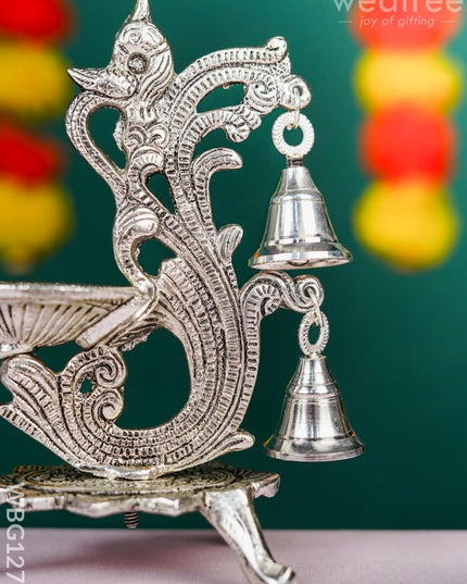 White Metal Chowki with Diya & Hanging Bells - WBG1276 White Metal Pooja Utility RG