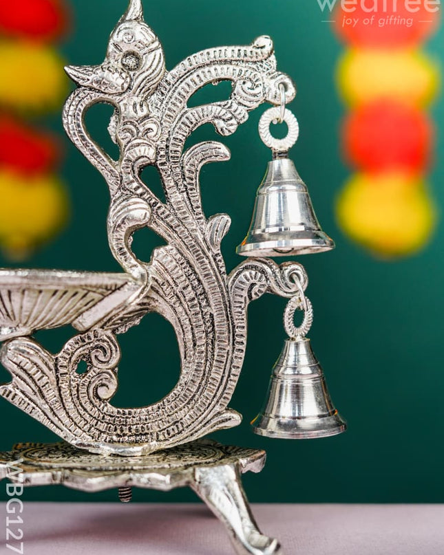White Metal Chowki with Diya & Hanging Bells - WBG1276 White Metal Pooja Utility RG