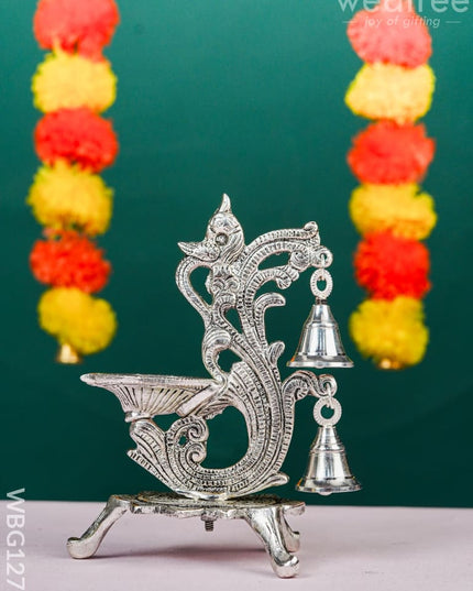 White Metal Chowki with Diya & Hanging Bells - WBG1276 White Metal Pooja Utility RG