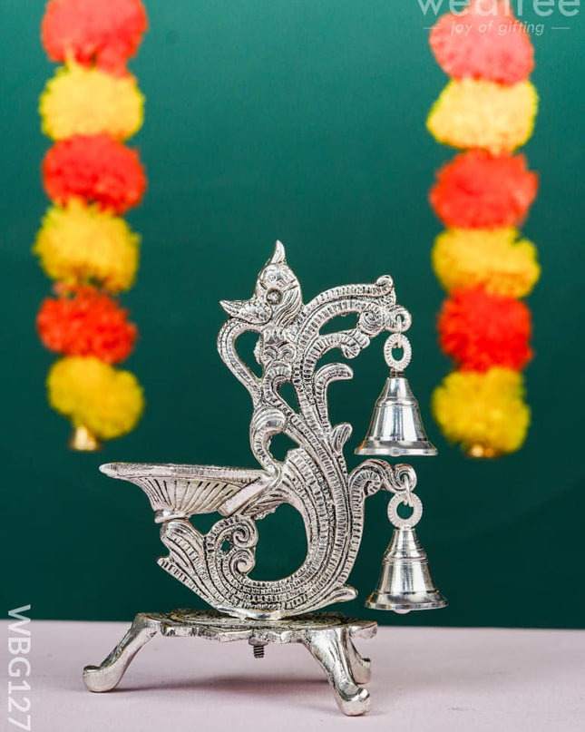 White Metal Chowki with Diya & Hanging Bells - WBG1276 White Metal Pooja Utility RG
