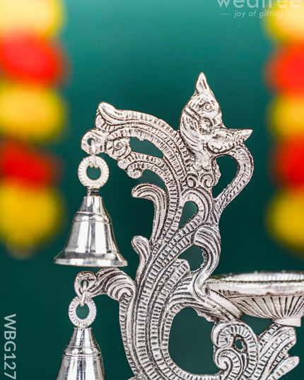 White Metal Chowki with Diya & Hanging Bells - WBG1276 White Metal Pooja Utility RG
