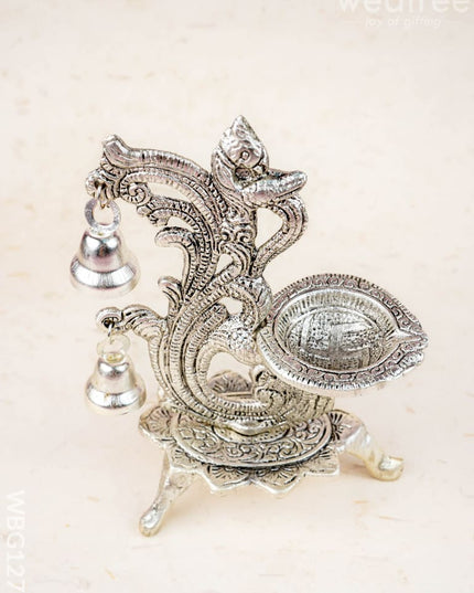 Chowki with Diya & Hanging Bells - WBG1276 - White Metal