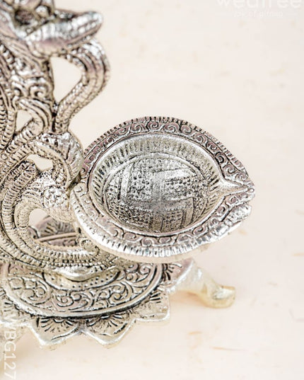 Chowki with Diya & Hanging Bells - WBG1276 - White Metal