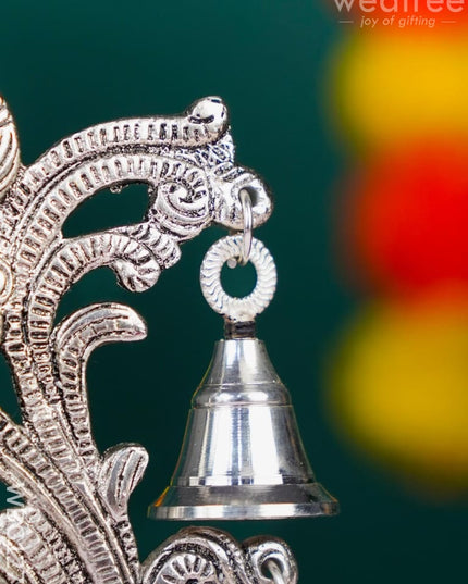 White Metal Chowki with Diya & Hanging Bells - WBG1276 White Metal Pooja Utility RG