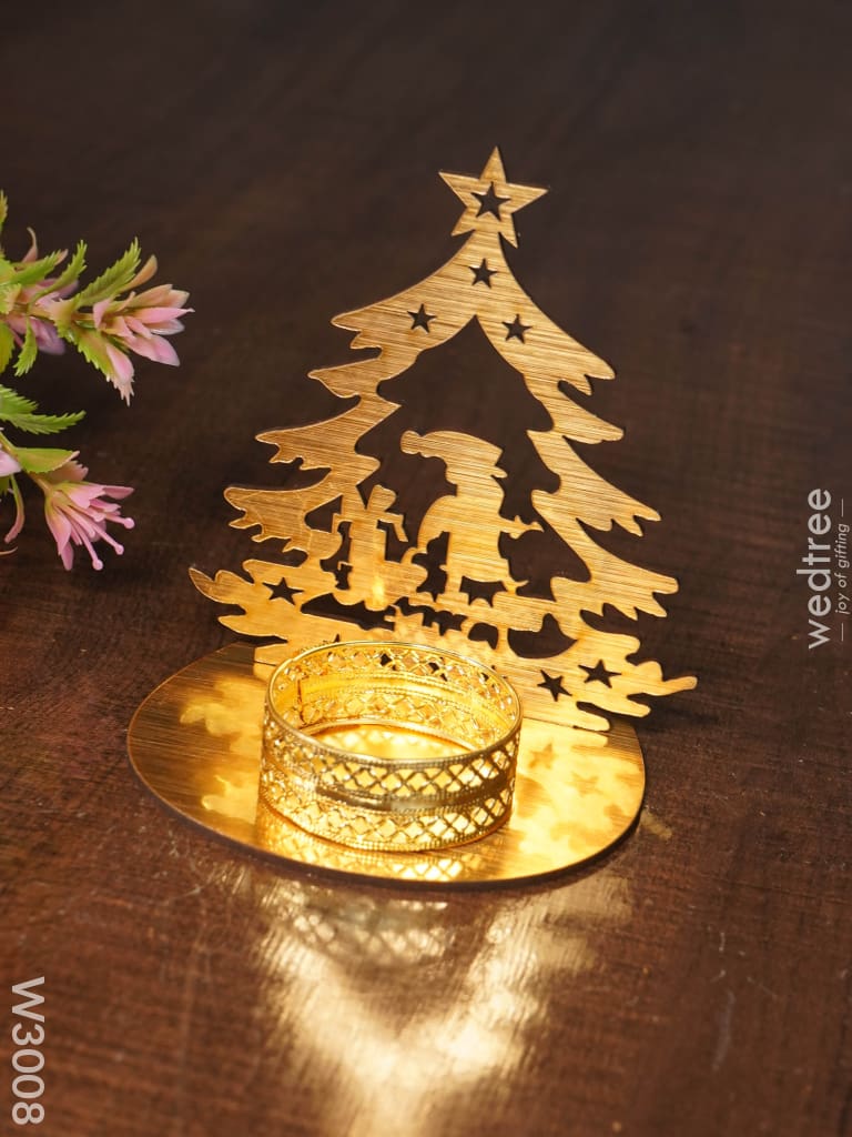 Christmas Tree With Santa Claus Shadow Diya - Mdf- W3008 Candles