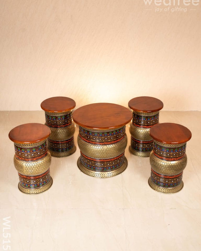 Coffee Centre Table with 4 Side Stools - Brown - WL5158 Wooden Stools