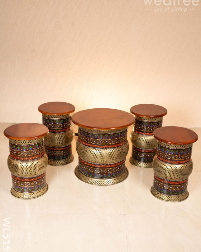 Coffee Centre Table with 4 Side Stools - Brown - WL5158 Wooden Stools