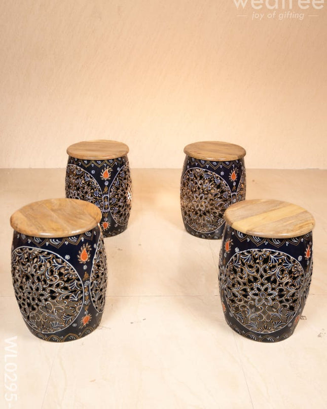 Coffee centre table with 4 side stools (Hand painted with Jhaali cutting) - Blue - WL0295-4 Wooden Stools