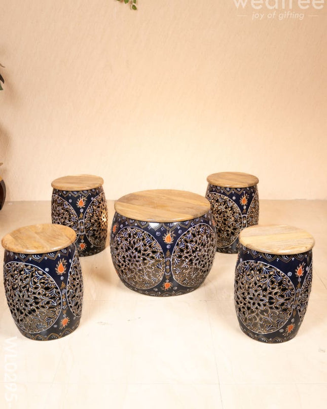 Coffee centre table with 4 side stools (Hand painted with Jhaali cutting) - Blue - WL0295-4 Wooden Stools
